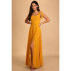 Love Me Forever Mustard Yellow Tie-Strap Square Neck Maxi Dress